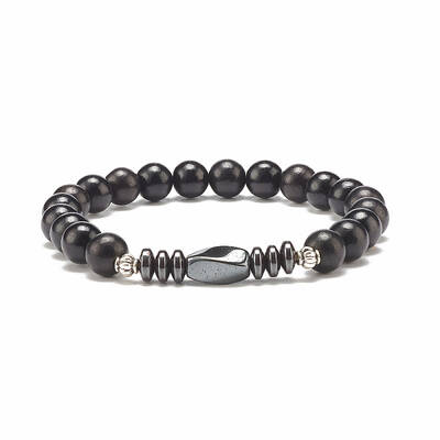Natural Wood & Synthetic Hematite Beaded Stretch Bracelet