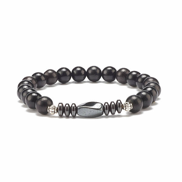Natural Wood & Synthetic Hematite Beaded Stretch Bracelet