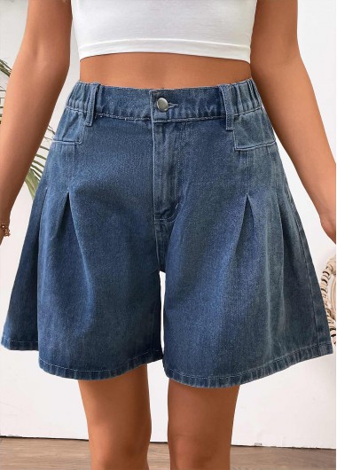 Modlily Denim Blue Wide Leg Button Fly High Waisted Shorts - 2XL