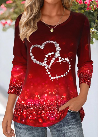 Modlily Deep Red Heart Print Long Sleeve T Shirt - XL