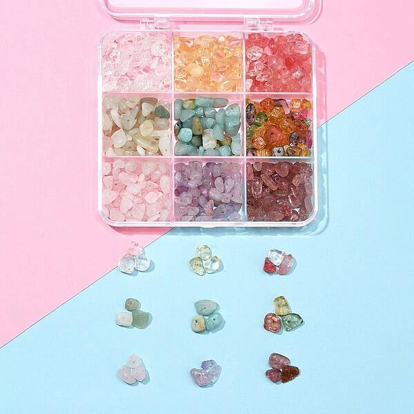 117G 9 Style Natural & Synthetic Gemstone Chips Beads Sets