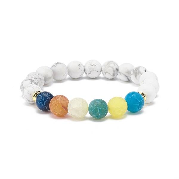 Synthetic Howlite & Weathered Agate(Dyed) Round Beaded Stretch Bracelet
