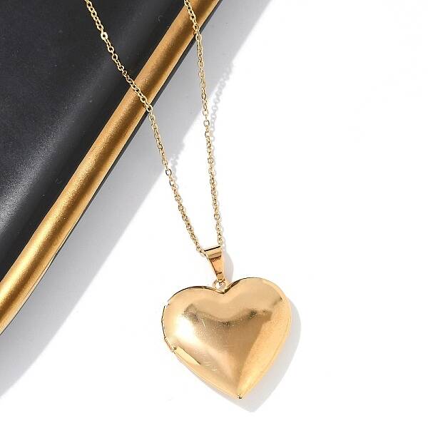 304 Stainless Steel Heart Locket Pendant Cable Chain Necklaces for Women