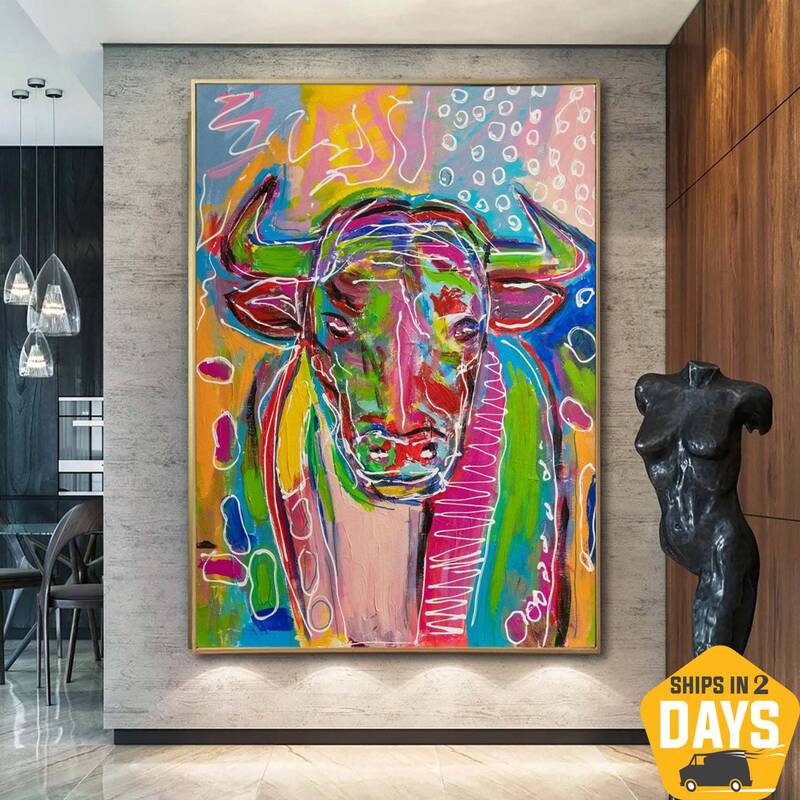 Abstract Bull Paintings On Canvas Abstract Colorful Wall Art Handmade Textured Oil Painting Gift For Child Room Decor | BULL ...