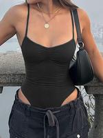 Women's Solid Ruched Backless Cami Bodysuit, Experimental Outfits, Casual Basic Sleeveless Adjustable Strap Bodysuit for Sum...