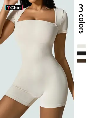 Women's Solid Square Neck Sports Romper, Casual Comfy Short Sleeve Bodycon Romper for Yoga Gym Workout Running, Ladies Summer...