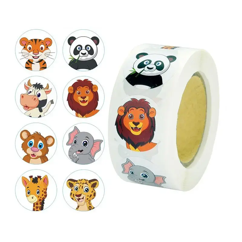 Round Cartoon Animal Pattern Sticker, 500pcs/roll Multipurpose Decoration Sticker Packs for School, Office, Home
