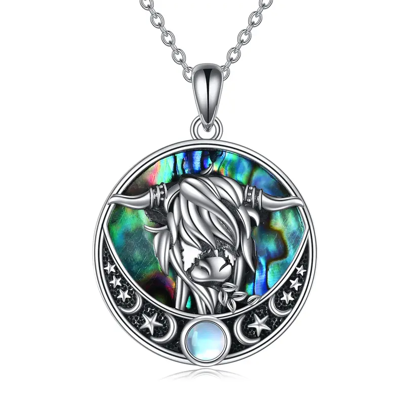 Sterling Silver Circular Moonstone Highland Cow Moon Star Necklace for Women Men