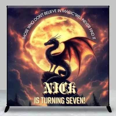 Aperturee Moon Night Dragon Custom Name 7th Birthday Backdrop - Aperturee
