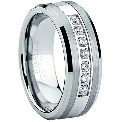 Tungsten Carbide Men's Engagement Wedding Band Ring with Center,Cubic Zirconia 8mm, Sizes 7 to 13