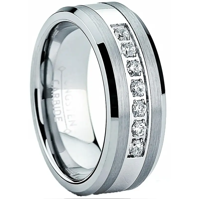 Tungsten Carbide Men's Engagement Wedding Band Ring with Center,Cubic Zirconia 8mm, Sizes 7 to 13