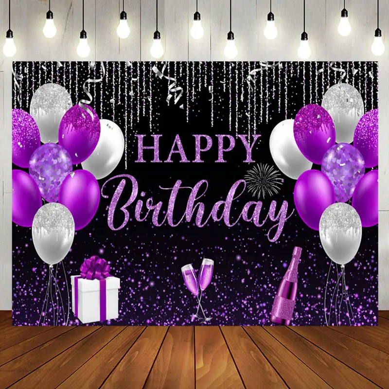 Purple Sliver Glitter Balloon Gift Birthday Backdrop - Aperturee