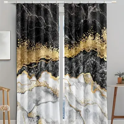 Modern Semi Transparent Black Gray Gold Marble Patterned Thin Curtains (2 Counts), Suitable for Living Room Window Decoration...