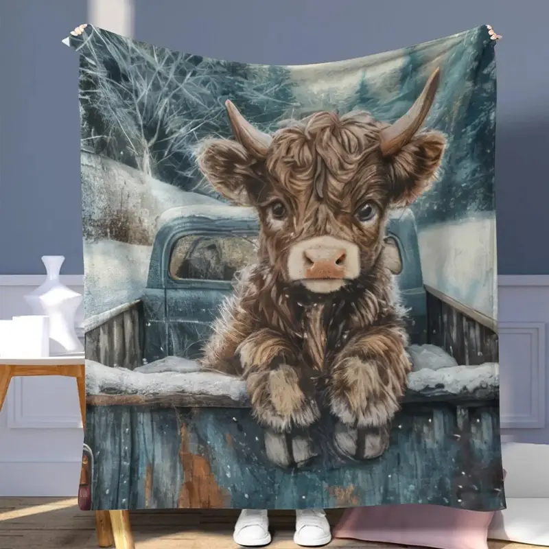 Highland Cow Pattern Flannel Blanket, 1 Count Soft Comfortable Throw Blanket, Warm Napping Blanket for Home Office Travel Out...