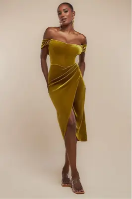 Goddiva Draped Shoulder Velvet Corset Midi Dress - Olive Green