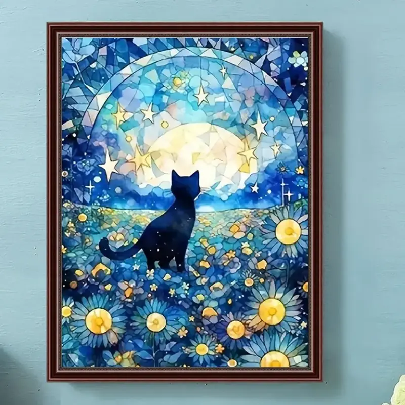 Moon & Cat Pattern DIY Diamond Art Painting Picture Without Frame, 5D Artificial Diamond Art Embroidery Kit, DIY Decorative P...