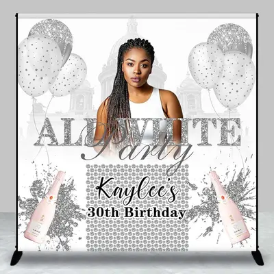 Aperturee Balloons All White Custom 30Th Birthday Backdrop | Custom Backdrop For Birthday Party | Custom Happy Birthday Banne...