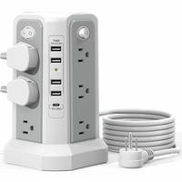 2500W USB C Port Power Board Tower Power Strip, Fireproofing Surge Protector Devices with 12 AC Sockets & 5 USB Charging Port...