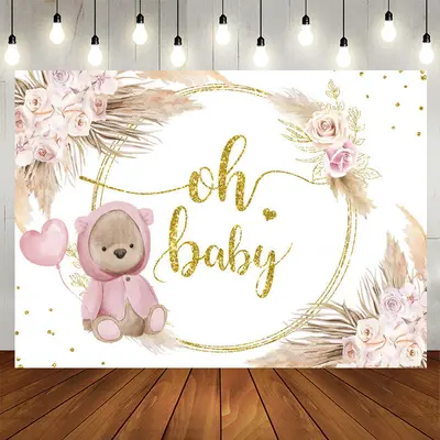 Aperturee Pink Rose Gold Oh Baby Bear Floral Baby Shower Backdrop
