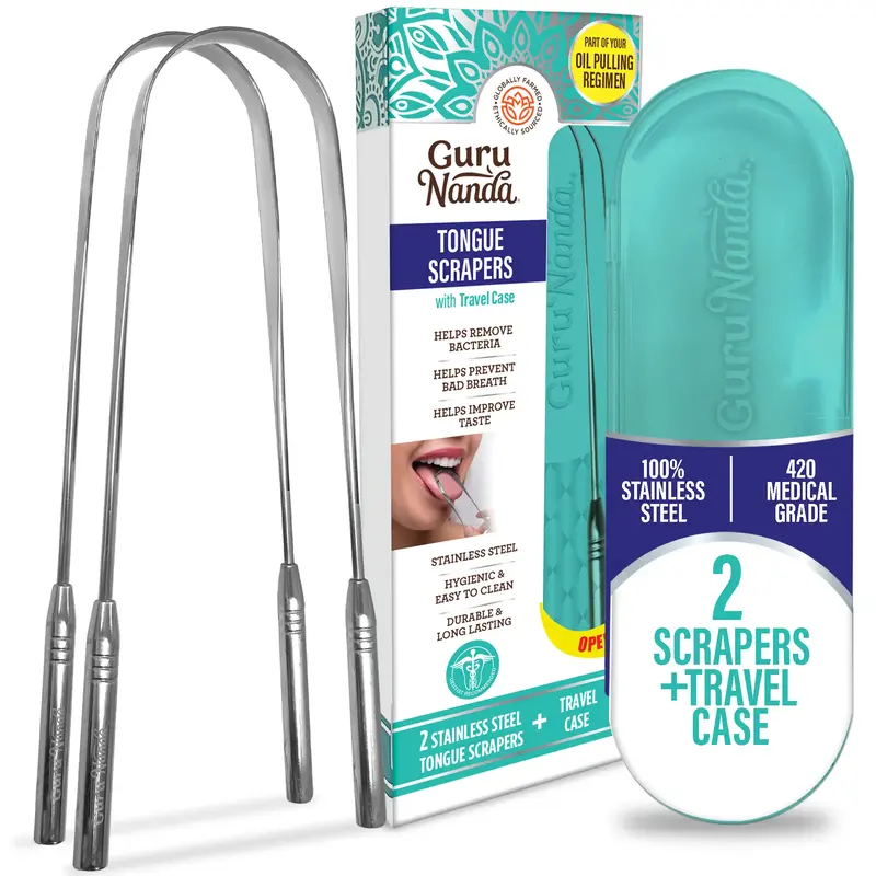 GuruNanda U Shaped Stainless Steel Tongue Scraper (2-Pack) Oral Case