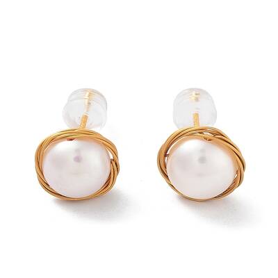 Wire Wrapped Round Natural Pearl Stud Earrings for Women
