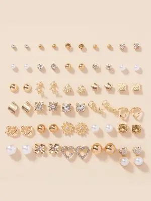 Faux Pearl & Rhinestone Decor Heart Shape Stylish Earrings Set, Studs Earrings for Women, Dainty Earrings, Vintage Fashionabl...