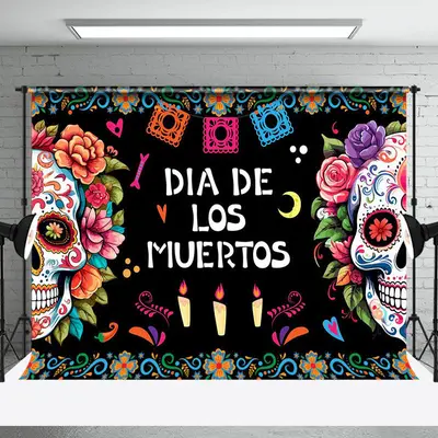 Aperturee Black Floral Skull Candle Dia De Los Muertos Backdrop - Aperturee