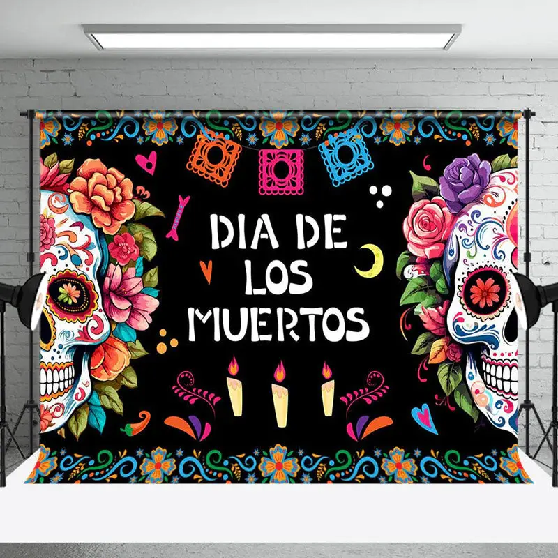 Aperturee Black Floral Skull Candle Dia De Los Muertos Backdrop - Aperturee