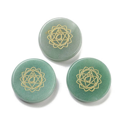 Natural Green Aventurine Flat Round with Chakra Sign Figurines Display Decorations