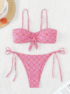 Two-Piece Set Women's Ethnic Pattern Bikini Swimsuit Bikinis for Summer 2024, Summer Outfits, Sexy Spaghetti Strap Tie Front...