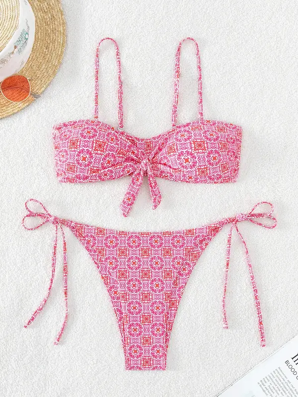 Two-Piece Set Women's Ethnic Pattern Bikini Swimsuit Bikinis for Summer 2024, Summer Outfits, Sexy Spaghetti Strap Tie Front...