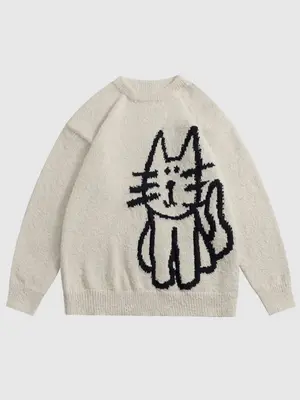 Men's Cartoon Cat Print Crewneck Graphic Sweater, Valentine's Day Gift for Men, Loose Casual Streetwear Longsleeves Knitted S...
