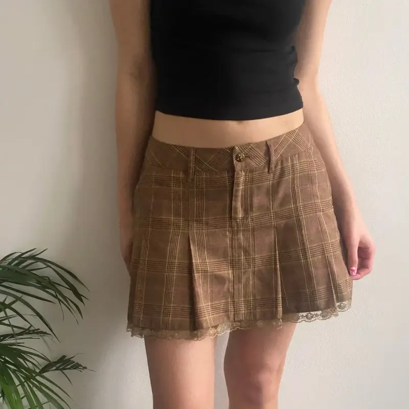 Project Checked Mini Skirt - 29W UK 10 Brown Cotton Blend