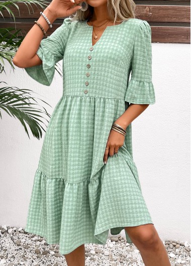 Modlily Light Green Button A Line Half Sleeve Dress - M