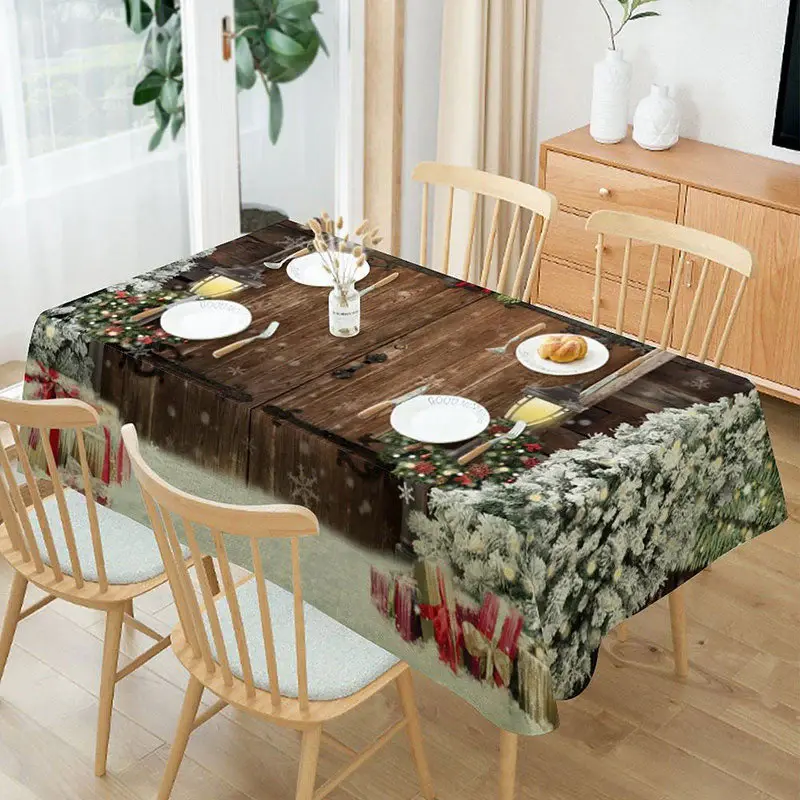 Snowy Xmas Tree Wooden Door Christmas Tablecloth - Aperturee