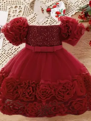 Toddler Girl's Flower Decor Contrast Sequins Bow Front Formal Dress, Elegant Square Neck Short Sleeve Tie Back Mesh Overlay D...