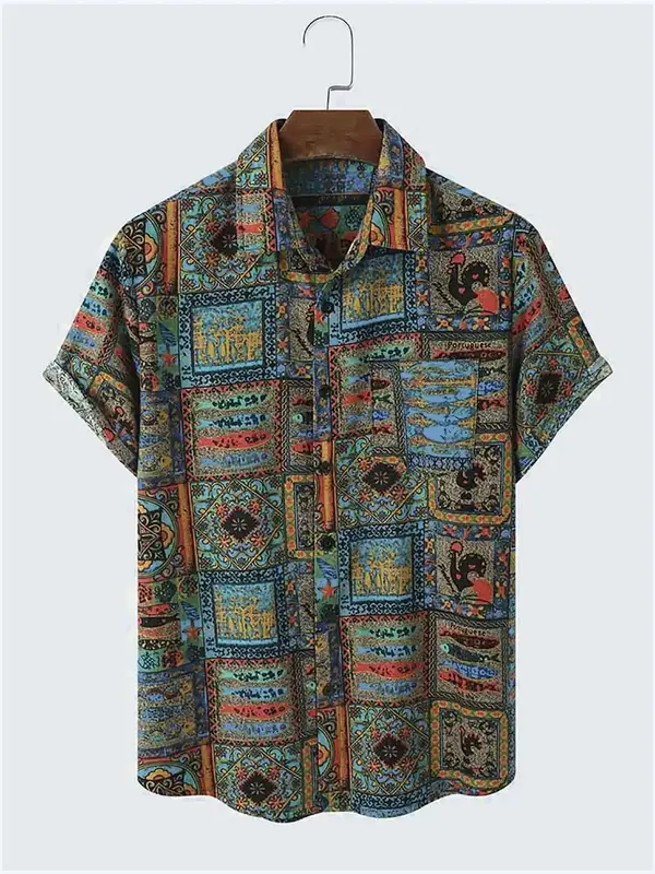 Men's Ethnic Pattern Boho Nostalgia Shirt, Vintage Western Collared Button Front Short Sleeve Shirt, Streetwear, Men's Top f...