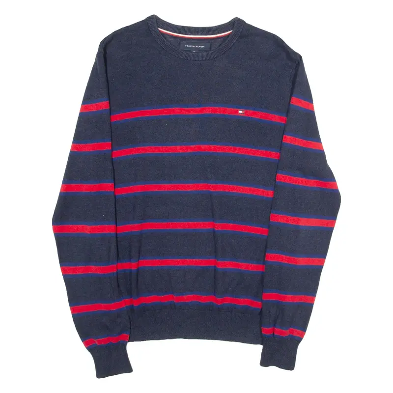 TOMMY HILFIGER Mens Patterned Jumper Blue Striped Tight Knit XS