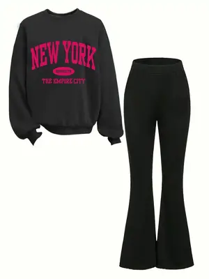 Girl's Letter Print Sweatshirt & Elastic Waist Flare Leg Pants Two-Piece Set, Casual Round Neck Long Sleeve Pullover & Bell B...