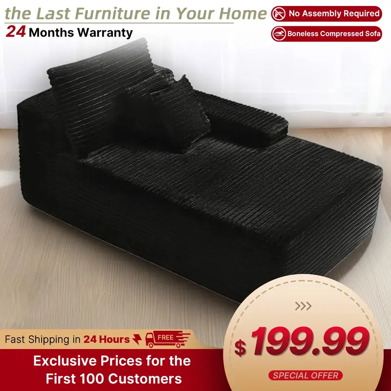 【Hot Sale&Free Shipping】Corner Sofa with Chaise, Black Corduroy Boneless Sofa Bed, Comfy Cloud Couch Sectional Couches fo...