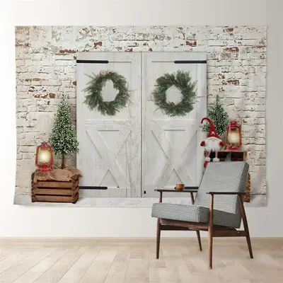 Aperturee White Wood Door Brick Wall Xmas Scene Backdrop
