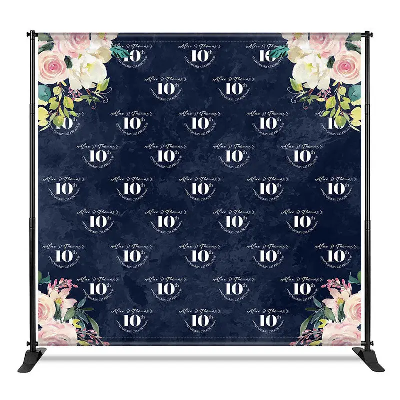 Aperturee Blue Floral Wedding Custom Step And Repeat Banner, 4X8FT(1.2X2.5M), 42 USD, step and repeat backdrops, CF1_DZYM6M44...