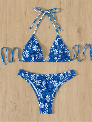 Two-Piece Set Women's Sexy Plants Print Tie Back Shirred Frankies Bikini for Summer 2024, Summer Outfits, Triangle Halter...