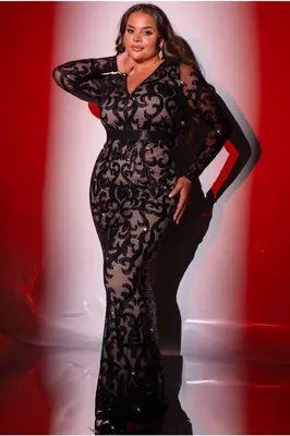 Goddiva Plus Embroidered Sequin & Mesh Maxi Dress - Black