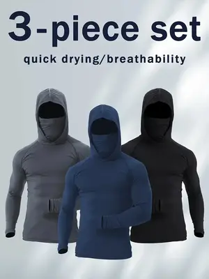 [Quick Dry Hoodies] 3 Men's Quick Drying Breathable Hoodies With Masks | Long Sleeved T-shirt - Spring And Autumn Compression...