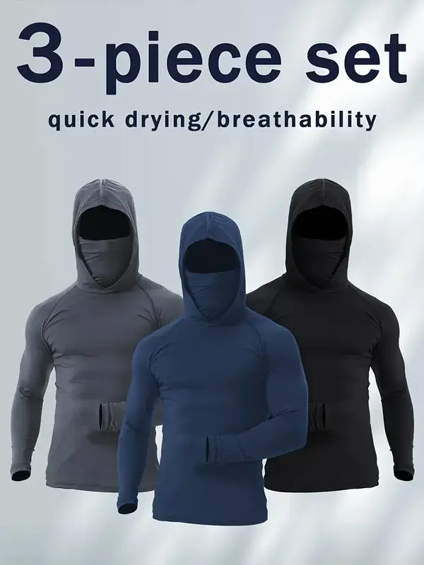 [Quick Dry Hoodies] 3 Men's Quick Drying Breathable Hoodies With Masks | Long Sleeved T-shirt - Spring And Autumn Compression...