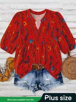 【Plus Size】 Floral Print Curved Hem Blouse, Boho Casual Short Sleeve Top for Daily Holiday Vacation Wear, Women Plus Clot...