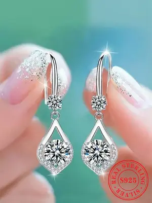S925 Sterling Silver Elegant Glittering Water Drop Shaped Dangle Earrings, Fashionable Dangle Earrings for Women, Wedding Eng...