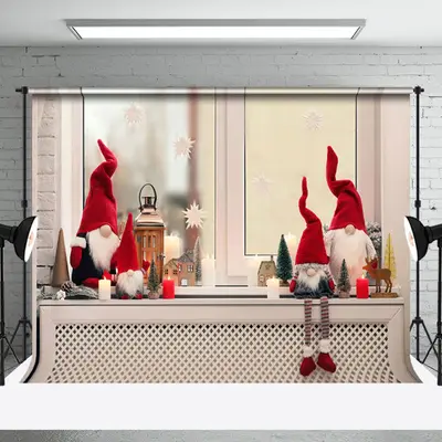 Red Hat Gnome Dolls Window Candle Christmas Backdrop - Aperturee