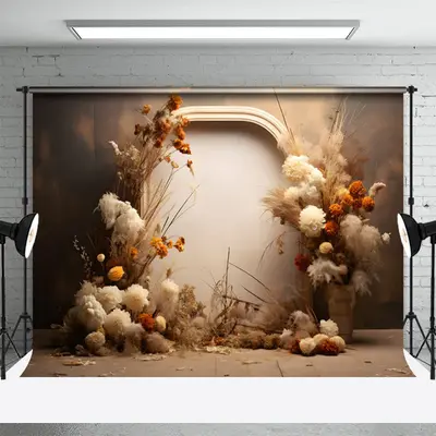 Flower Feather Boho Warm Color Maternity Backdrop - Aperturee